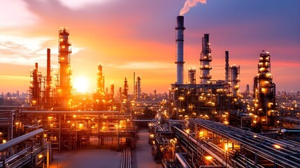 A vibrant industrial scene at sunset, featuring refineries and smokestacks against a dramatic sky, showcasing energy production and infrastructure.