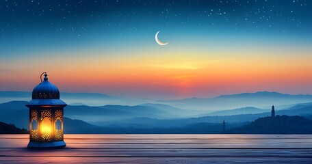 A beautiful Ramadan lantern on the left side of an empty wooden table, with the crescent moon and stars in the sky and an Arabic landscape background
