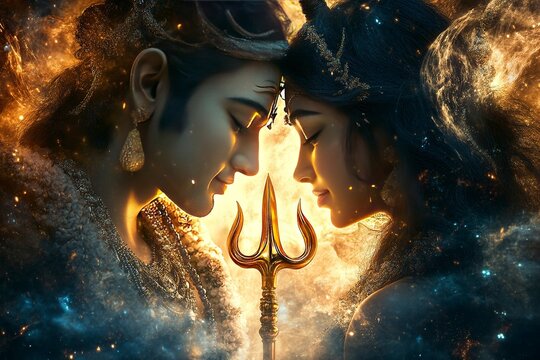 lord shiva and Parvati romance with golden trident. cosmic aura. hyper realistic.generative ai