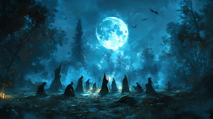 Coven gathering: a coven of witches gathered in a moonlit clearing, practicing ancient rituals and celebrating halloween night. Witch Coven. Illustration