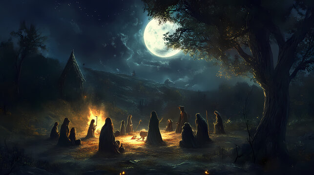 Coven gathering: a coven of witches gathered in a moonlit clearing, practicing ancient rituals and celebrating halloween night. Witch Coven. Illustration