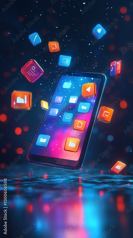 Poster a smartphone with colorful app icons floating around it, against a dark background with bokeh lights