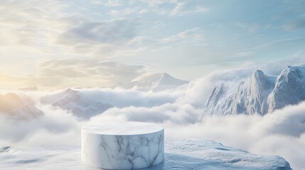 3. An ethereal landscape with a rough white marble stone pedestal set against a backdrop of fluffy clouds and distant mountains, providing a serene setting for cosmetic product presentation