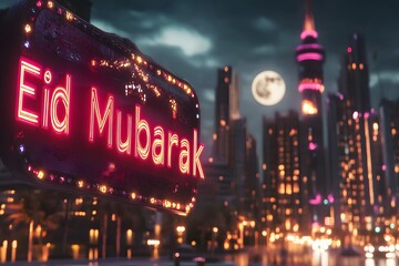 3D text Eid Mubarak on billboard at night in a city eid mubarak concept with modern building and moon. 