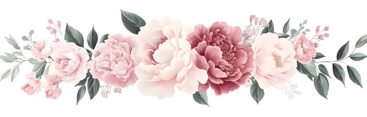 A beautiful floral garland of roses, peonies, and carnations in soft pink tones on a white background