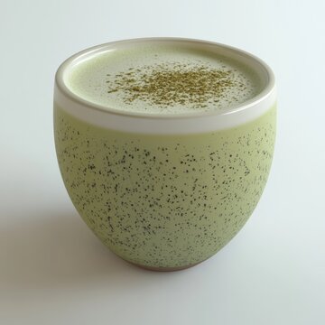 A creative rendering of a matcha latte in a ceramic cup, with a sprinkle of matcha powder on top, presented on a white surface