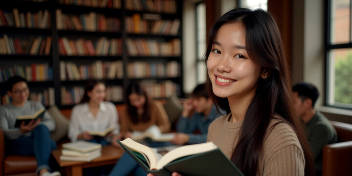 Cozy book club gathering in a library setting for literary enthusiasts