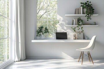 interior architectural design, home office for modern minimalistic house, Minimalist, Home, Office, Simple, White, Desk, Modern, Chair, Laptop, Room, A Clean and Minimalist Workspace