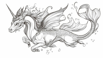 Fototapeta premium Detailed line drawing of a mythical creature with the head of a unicorn, the body of a dragon and the tail of a fish. Selkie. Illustration
