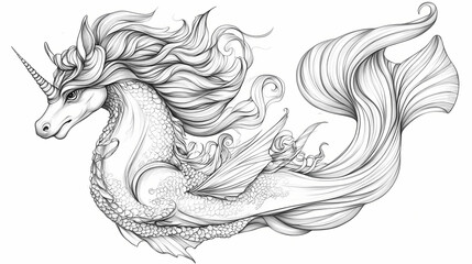 Detailed line drawing of a mythical creature with the head of a unicorn, the body of a dragon and the tail of a fish. Selkie. Illustration © Thiago