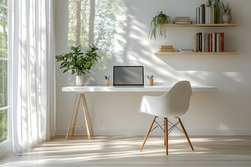 interior architectural design, home office for modern minimalistic house, Minimalist, Home, Office, Simple, White, Desk, Modern, Chair, Laptop, Room, A Clean and Minimalist Workspace