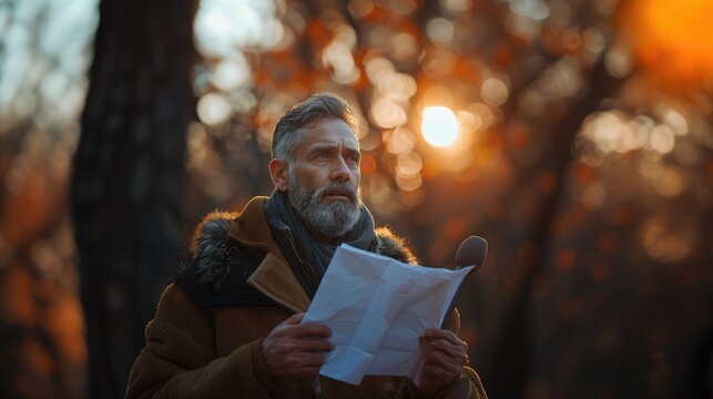 middle aged Caucasian man giving eulogy at outdoor funeral ceremony