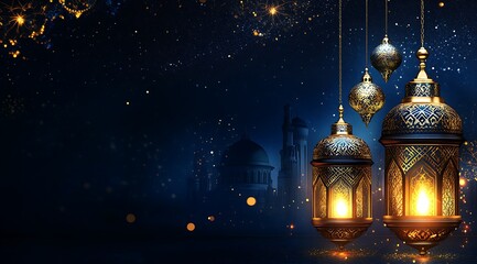 Fototapeta premium Eid Mubarak and Ramadan Kareem greetings with an Islamic lantern behind the Arabic lamp on a blue background.