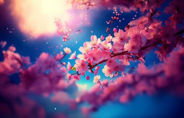 Pink cherry blossoms on a branch against a blue sky with bright light.