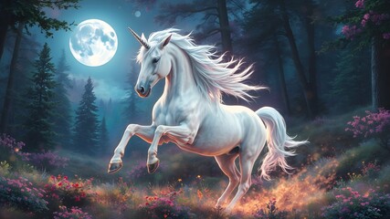 Mystical Moonlight Unicorn: A majestic white unicorn gallops through a moonlit forest, its flowing mane and horn shimmering with ethereal beauty. The scene evokes a sense of wonder and magic.