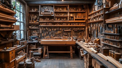 Fototapeta premium A traditional woodworking workshop with tools, materials, and a workbench.