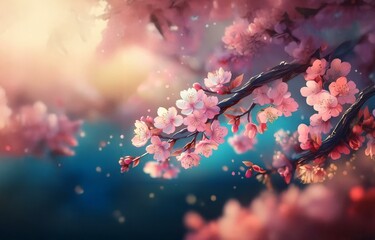 Pink cherry blossoms on a branch with a blurred background.