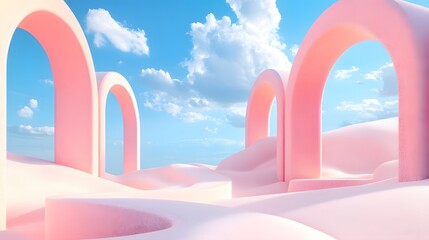 4. A vibrant 3D render depicting an abstract desert landscape with soft pastel tones, geometric structures, and soaring arches, all set beneath a panoramic blue sky dotted with clouds, ideal for