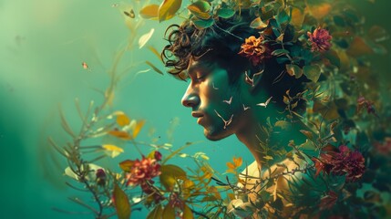 A captivating side profile of a man, immersed in vibrant greenery and blooming flowers. Birds fly around, adding a whimsical touch to the image. The mix of nature and fantasy evokes a serene