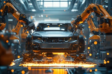 Fototapeta premium A car production line with robotic arms, peeking out from behind the robot arms 