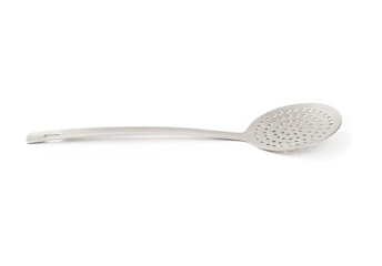 Stainless steel strainer or skimmer. Side view. Stainless steel kitchen utensil used to retrieve, strain, skim or transfer food while cooking. Selective focus. White background.