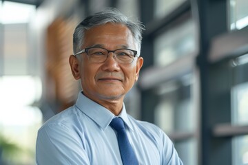 Fototapeta premium Portrait of successful senior Vietnamese businessman consultant looking at camera and smiling inside modern office building , background blur