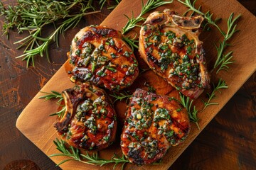 Fototapeta premium Grilled pork chops with garlic, rosemary, and sage on a wooden board for a rustic and savory meal