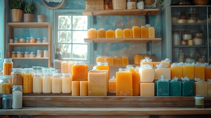 A variety of handmade soap bars in different colors and scents are displayed on a wooden counter in a shop.