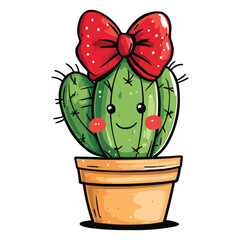 Fototapeta premium Vector Cute chibi cactus with a red bow on its head