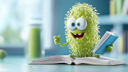A cheerful cartoon germ character reading a book, embodying a playful educational theme.