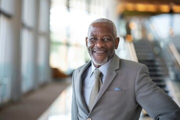 Fototapeta premium Portrait of successful senior Zulu businessman consultant looking at camera and smiling inside modern office building , background blur