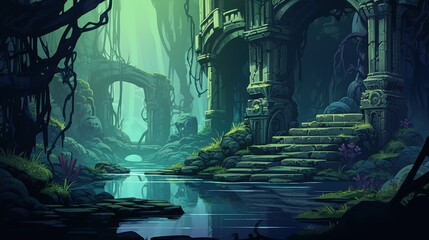 Fototapeta premium Ancient Stone Structure Overgrown by Jungle Vines and a River