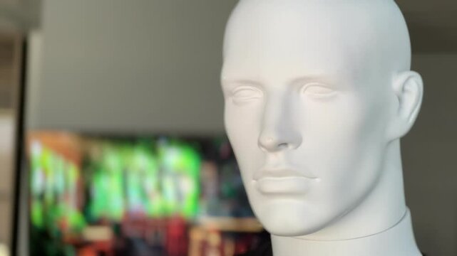 Riga, Latvia - September 20, 2024 - Close-up of a white mannequin head in a well-lit room, with a blurred colorful background, emphasizing the mannequin&rsquo;s expressionless face.

