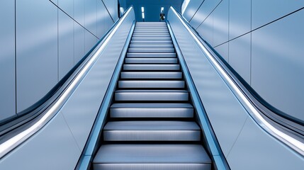 Fototapeta premium An upward view of a modern escalator in a sleek architectural space, showcasing clean lines and engaging lighting.