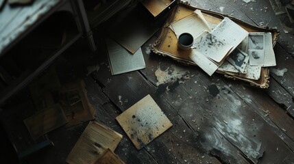 A moody scene with papers scattered across a dark, aged wooden floor. A coffee cup and a framed photograph add to the air of contemplation and quiet solitude in this vintage-inspired setting.