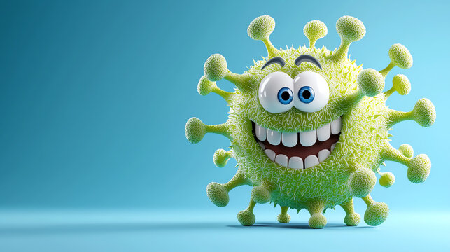 Happy cartoon virus character with big eyes and a wide smile, isolated on a bright blue background.