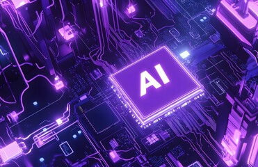 A digital illustration of AI in bold white letters, floating above an abstract circuit board background with glowing nodes and wires. 