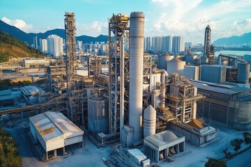 Aerial View of Industrial Cement Plant with Cranes and Mixers