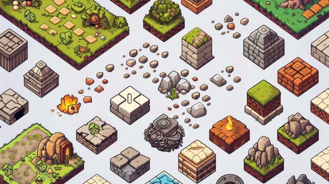 Isometric Fantasy Landscape with Tiles Terrain and Game Elements for Adventure Game Design
