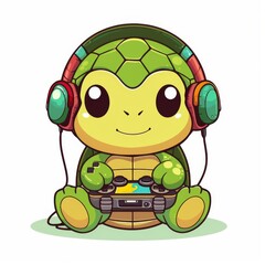 Obraz premium Kawaii Turtle With Headset