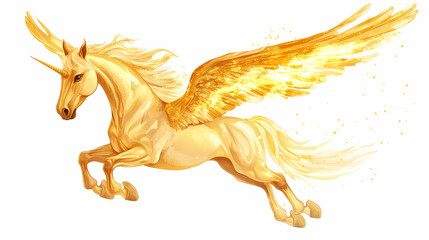 Golden flying horse pegasus isolated on white background. Pegasus Flight. Illustration
