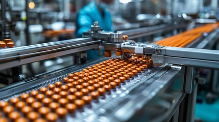 Industrial Manufacturing Production process A factory assembly line with robotic arms assembling electronic devices, robotic assembly, automated production