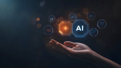 A hand holding an AI icons representing technology and security on a black background.