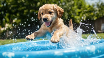 High-res image of a golden retriever puppy happily splashing in a kiddie pool on a sunny day.