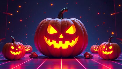 A spooky Halloween jack-o'-lantern glowing in the dark, carved with an evil face, surrounded by pumpkins, capturing the eerie atmosphere of a Halloween night