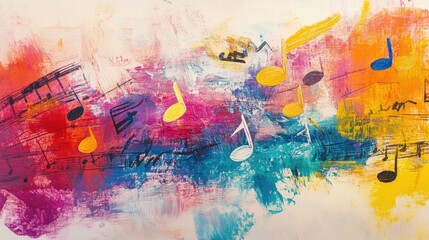 Fototapeta premium High-res photo of colorful notes in mid-air, floating across a minimalist abstract art canvas with light brush strokes and vivid colors.