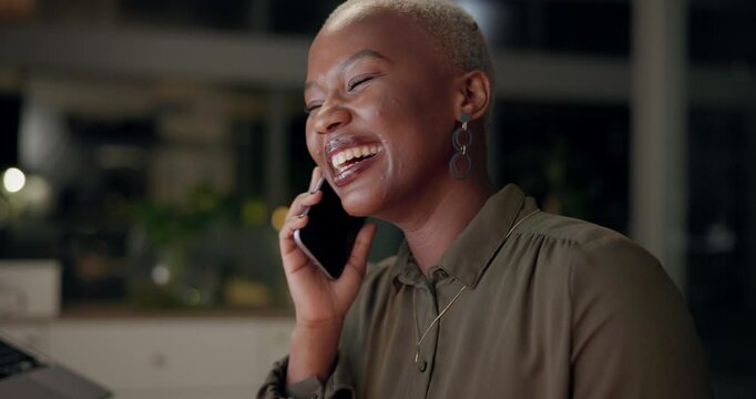 Happy, black woman or phone call at night for business, contact or chat in office. Gen z girl, tech and talking in dark for news, funny story and daily catch up with friend or partner from workplace