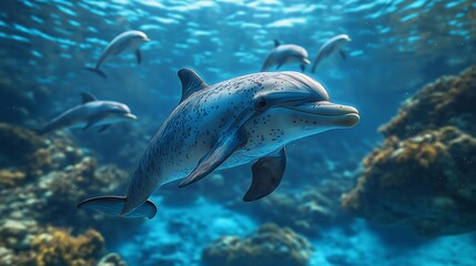 Obraz premium Close-up of dolphins swimming underwater in crystal-clear ocean, surrounded by coral reef, showcasing marine wildlife in natural habitat