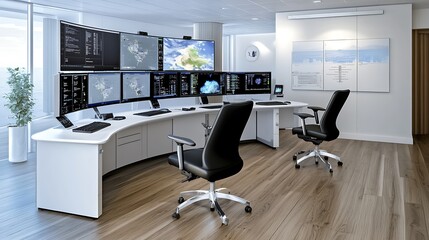 Fototapeta premium Modern Office Interior with Curved Desk and Multiple Monitors