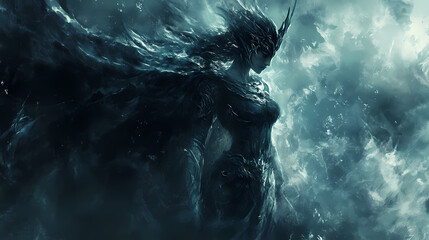 In the hauntingly beautiful dystopian painting, a mysterious valkyrie glimmers in ethereal shades of silver and midnight black. Valkyrie. Illustration